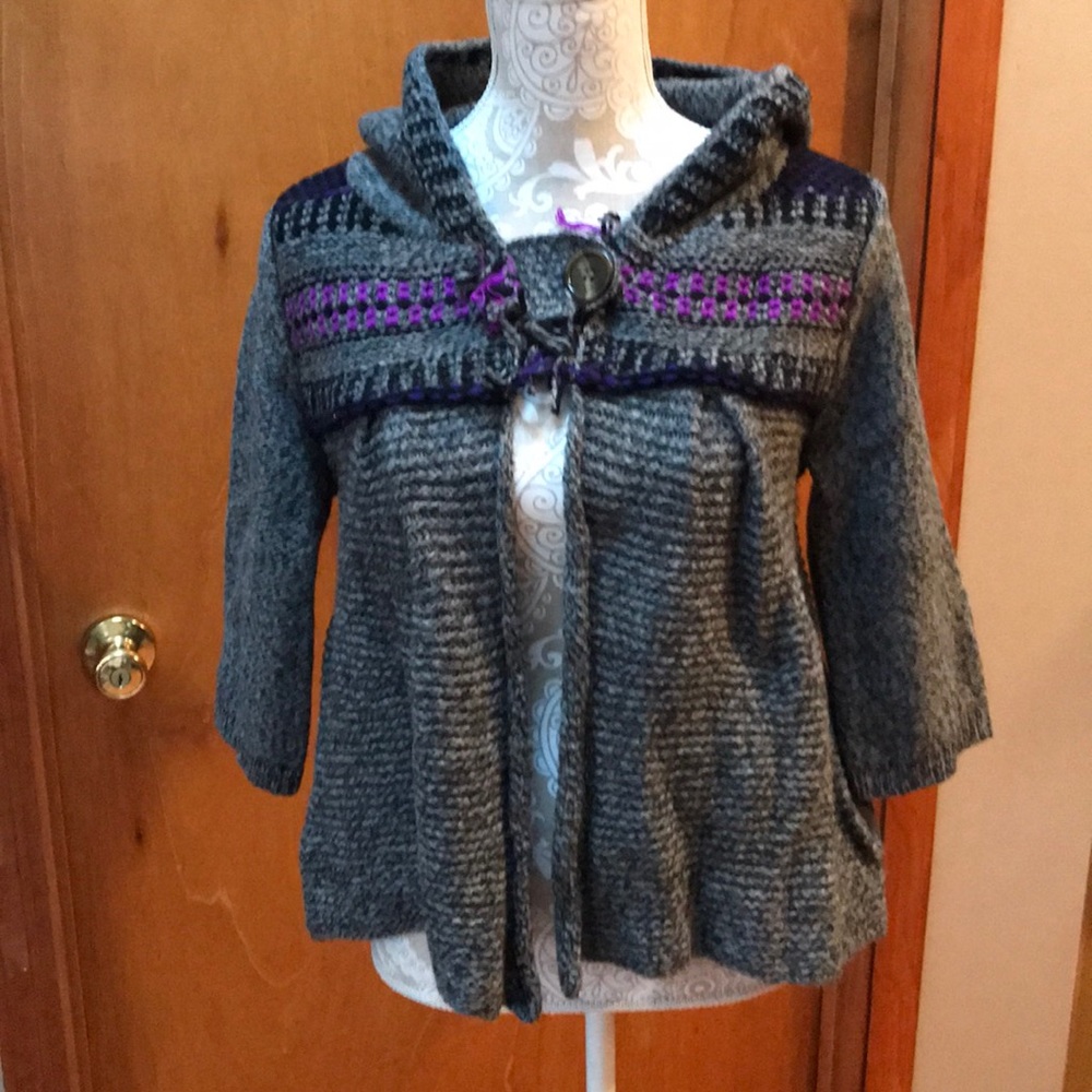 Free People Gray Hooded Knit Cardigan with Purple Accent